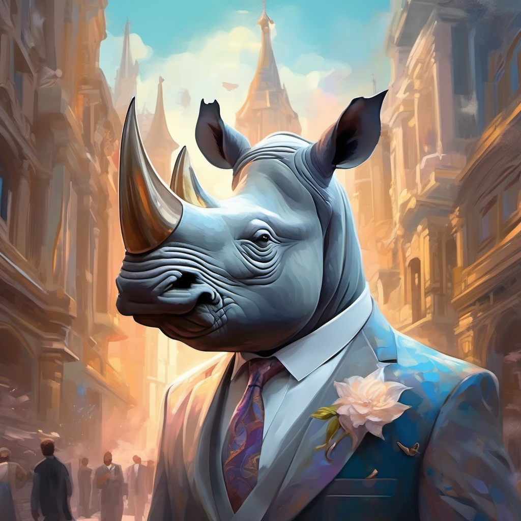 a rhino dressed suit and tie , headshot, in the street, sk_fantasy , looking at viewer