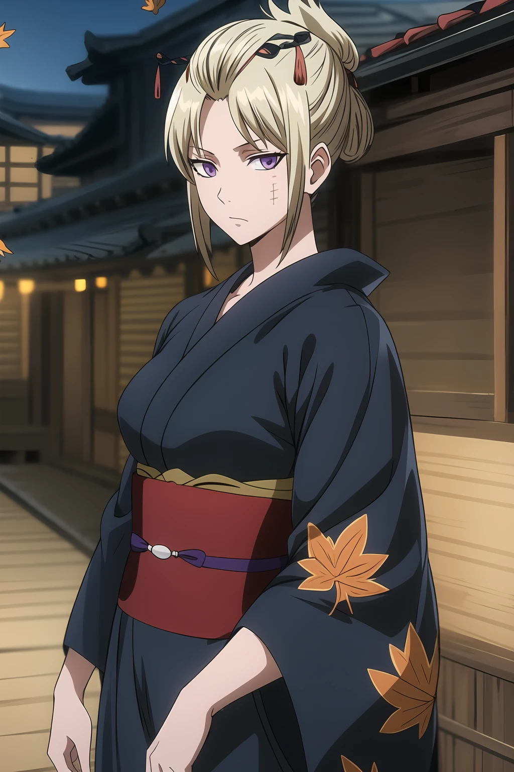 highres, sharp focus, pixiv masterpiece, ((intricate details)), highly detailed, key visual, 1girl, tsukuyo, kimono patterned with autumn leaves, black kimono, blonde hair, purple eyes, cowboy shot, look at viewer, <lora:add_detail:0.7>