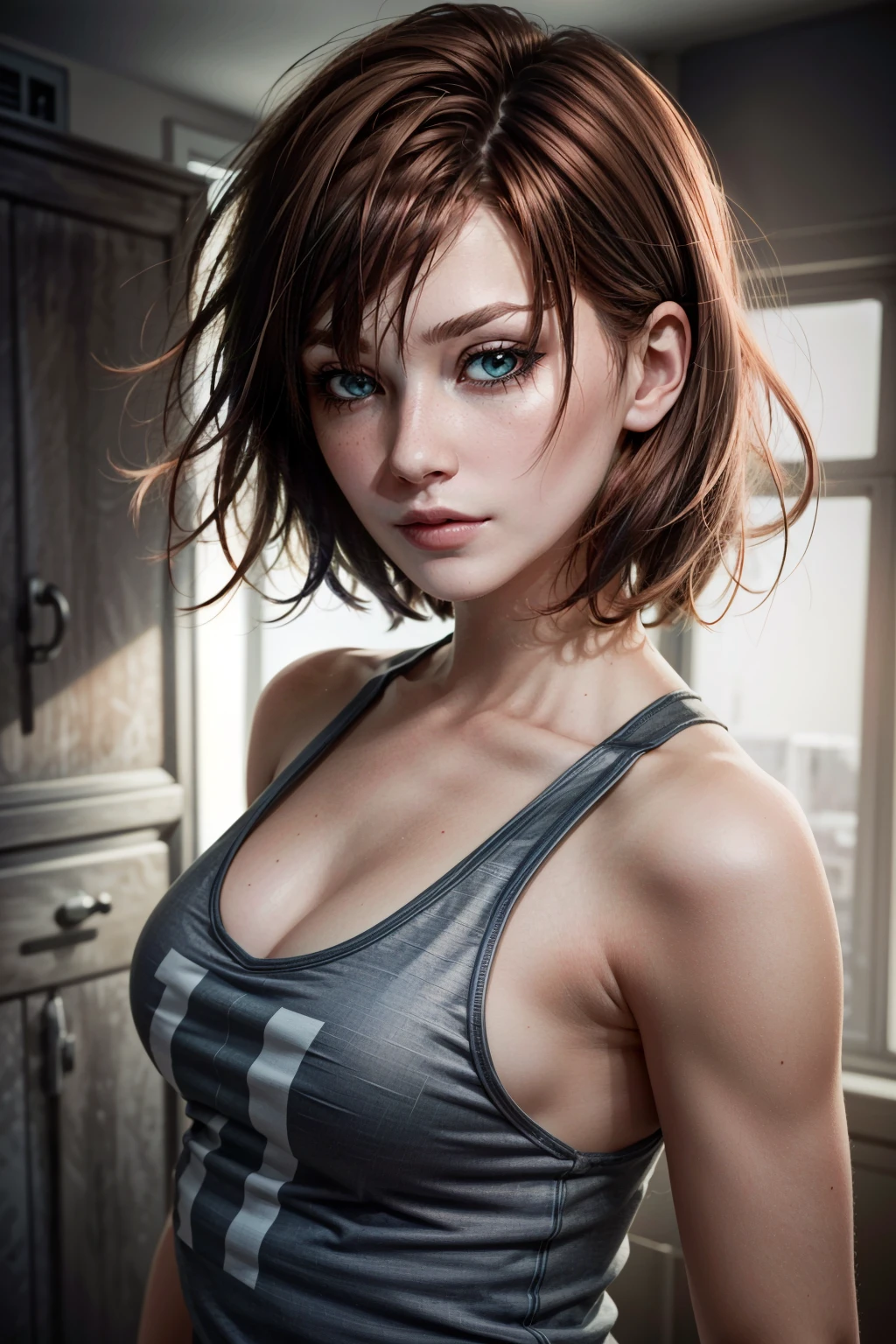 (masterpiece, best quality) <lora:epi_noiseoffset2:1> <lora:add_detail:0.8> <lora:FemShepardME:0.8>
FemShepardME, 1girl, solo, breasts, looking at viewer, short hair, bangs, blue eyes, blonde hair, brown hair, cleavage, red hair, bare shoulders, medium breasts, closed mouth, green eyes, upper body, medium hair, lips, tank top, backlighting, realistic, nose