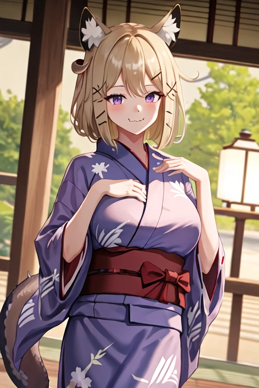 best quality, masterpiece, highres, solo, {yukata:1.40}, {kimono:1.20}, {utage_arknights:1.15}, animal_ears, purple_eyes, animal_ear_fluff, hair_ornament, breasts, bangs, smile, hairclip, large_breasts, short_hair, blush, fang, upper_body, brown_hair, skin_fang, x_hair_ornament