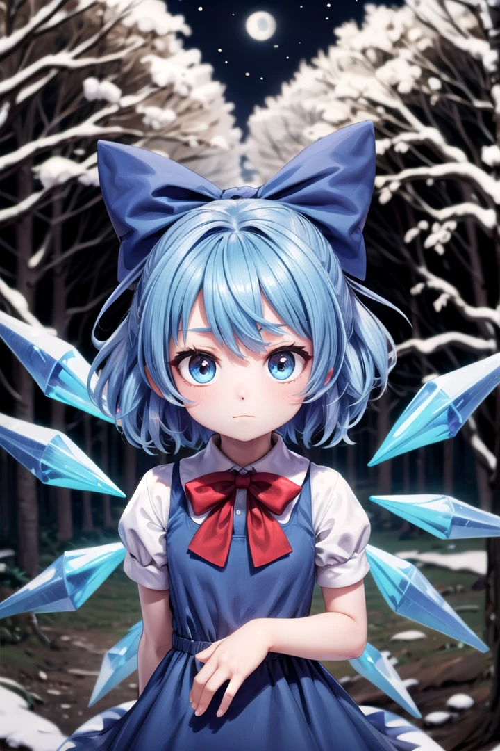 1 girl,cute,(looking at viewer:1.0), adorabel girl,cute face,details sky,handsome,young,juvenile,((masterpiece:1.4,best quality)),multiple details,eyeshadow,sfw, (medium shot:1.5), gradiant eyes, hazel eyes, (long black lycra pantyhose:1) lora:add_detail:0.8>, <lora:more_details:0.4>, <lora:cirno:0.8>, snowy forest, (night:1.2), frosted trees blue hair,hair bow,(blue dress:1.4),short sleeves, ice wings,red bowtie,cirno