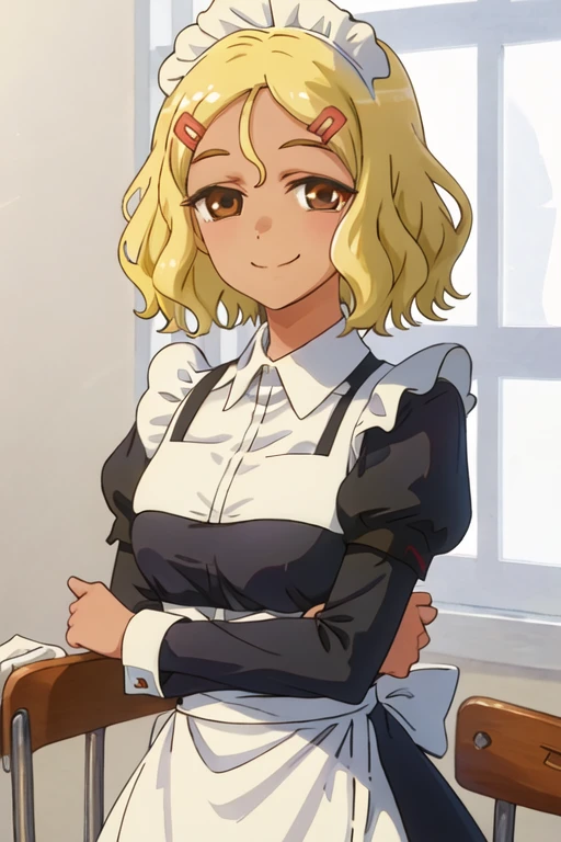 best quality, masterpiece, highres, solo, {maid:1.40}, {long maid dress:1.15}, {sakura_donttoywithmemissnagatoro:1.15}, blonde_hair, hair_ornament, hairclip, short_hair, brown_eyes, smile, dark_skin, closed_mouth