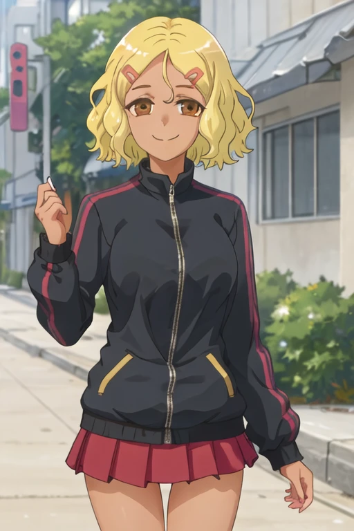 best quality, masterpiece, highres, solo, {sakura_donttoywithmemissnagatoro:1.15}, blonde_hair, hair_ornament, hairclip, short_hair, brown_eyes, smile, dark_skin, closed_mouth, 1girl, 2girls, jacket, multiple_girls, track_jacket, black_hair, red_jacket, solo_focus