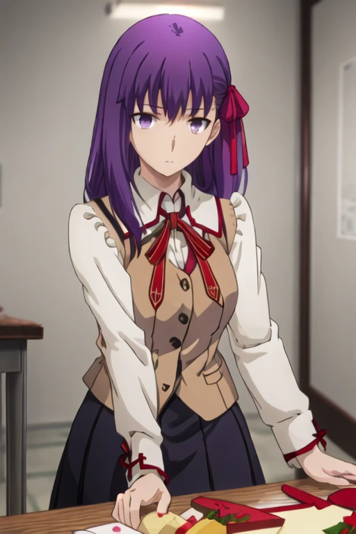 best quality, masterpiece, highres, solo, {matou_sakura_fatestaynightufotable:1.15}, purple_hair, long_hair, ribbon, hair_ribbon, purple_eyes, red_ribbon, 1girl, homurahara_academy_school_uniform, school_uniform, shirt, white_shirt, neck_ribbon, parody, anime_coloring, vest, indoors, bangs, looking_at_viewer