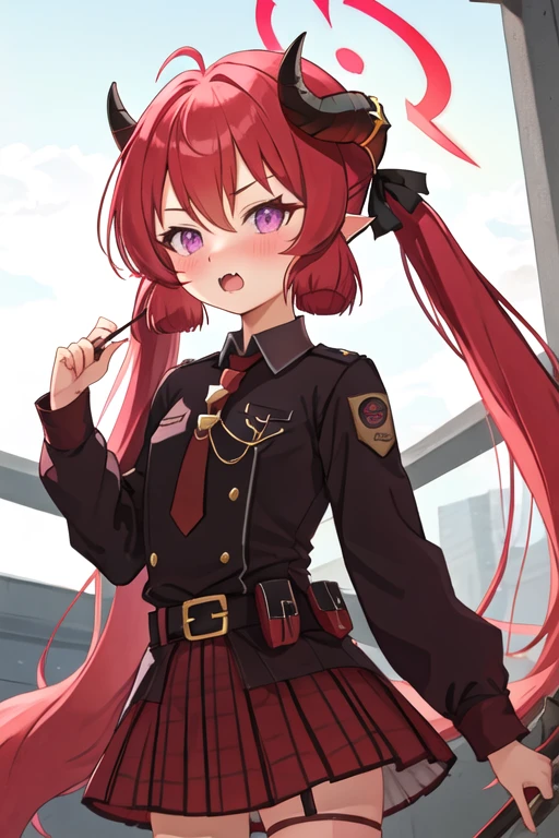 best quality, masterpiece, highres, solo, {junko_bluearchive:1.15}, red_hair, horns, long_hair, twintails, halo, bangs, blush, pointy_ears, hair_between_eyes, open_mouth, purple_eyes, necktie, red_necktie