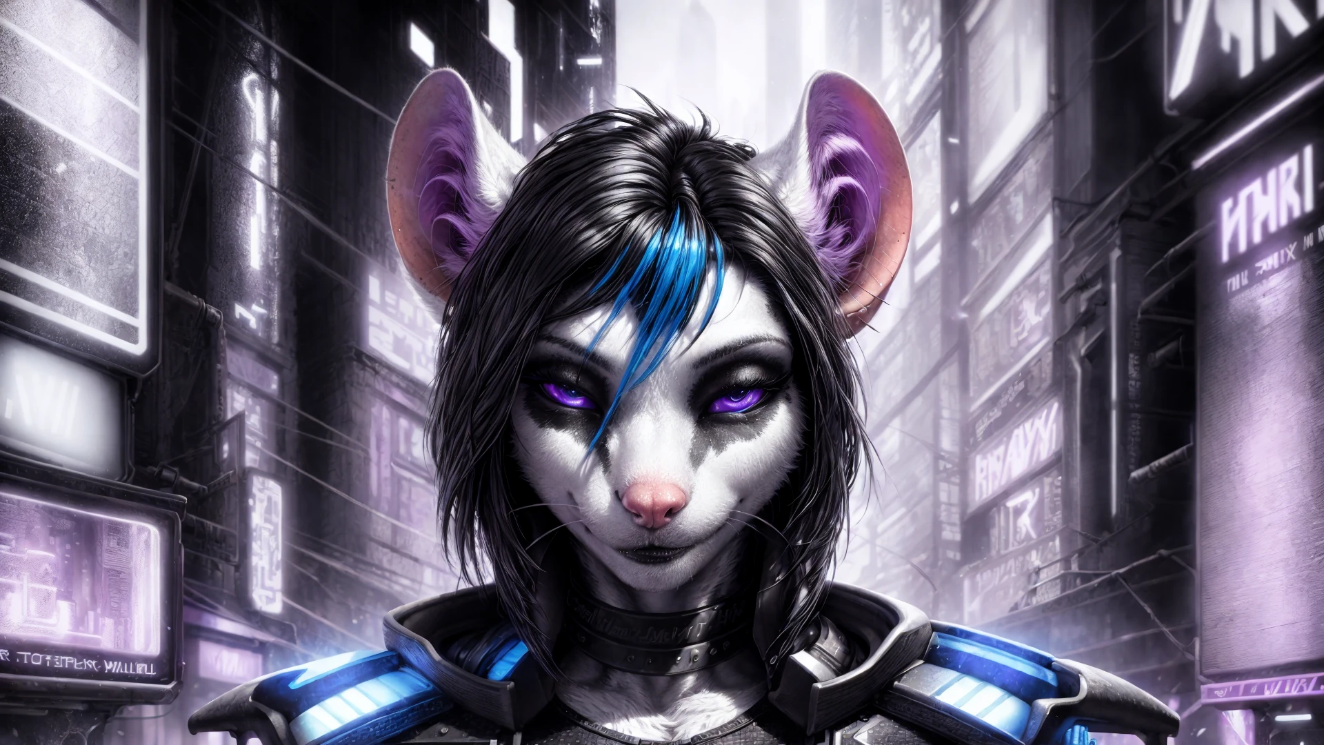 <lora:add_detail:0.8>, <lora:astronomy_wallpapers01:1>, detailed background cyberpunk, masterpiece, detailed, colors(black and white:1.2)and violet, scene, portrait, face closeup, mouse, realistic fur, detailed eyes, <lora:gachaSplashLORA_v40:1>, by wolfy-nail, by r-mk, by thebigslick, by totesfleisch8, by spectrumshift,