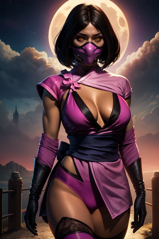 Mileena, short black hair, yellow eyes, looking at viewer,
mouth mask, pink kimono, pink underwear, pink elbow gloves, cleavage cutout, pink thighhighs,
standing, upper body,
open bridge, stars, cloudy, moon, (insanely detailed, beautiful detailed face, masterpiece, best quality)
<lora:MIleenaMK10:0.7>