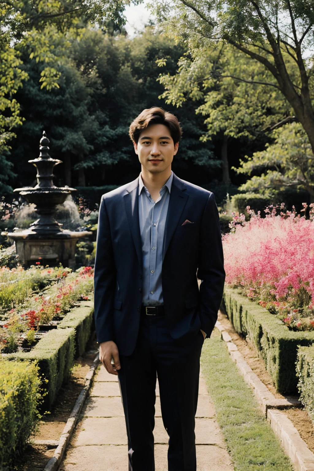 cinematic photo . 35mm photograph, film, bokeh, professional, 4k, highly detailed,A man standing in front of some flowering plants, polo shirt, dark suit, country, contemporary realism portrait photography, genderless, Sony Alpha a7 iii, waves, folk portrait, Asian man, shy, smile,medium shot