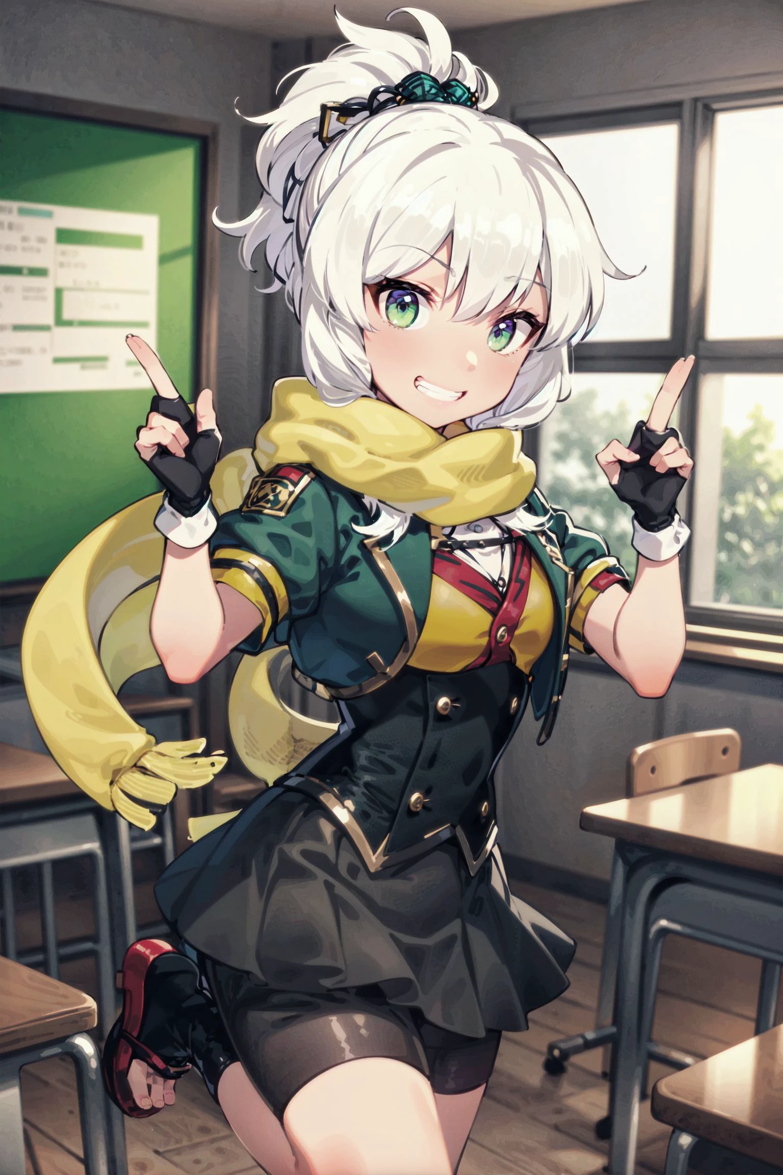 absurdres, high detail, uhd, classroom, window, sky, upper body,
standing, grin, looking at viewer,
ange, white hair, hair ornament, high ponytail, school uniform, yellow scarf, green jacket, cropped jacket, open jacket, short sleeves, multicolored shirt, corset, plated skirt, black gloves, fingerless gloves, bike shorts, leg warmers, black footwear, sandals
<lora:gomaotsu-angelica-t1-000080:0.7>