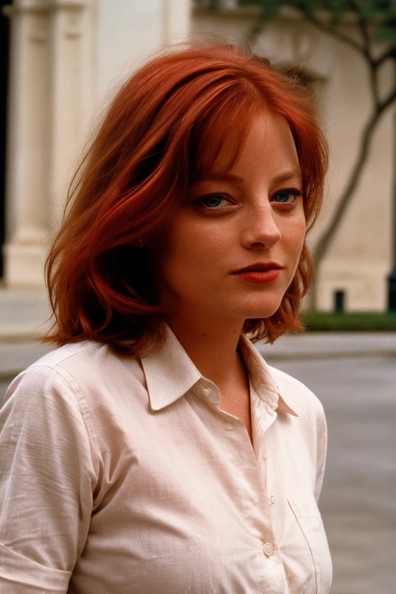 closeup of jdfstr wearing a shirt, a plaza at morning, red hair, <lora:JdFstr_v1_locon_64_64:1>