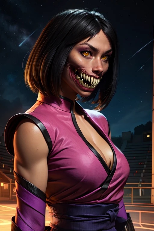 Mileena, short black hair, yellow eyes, cold staring, looking at viewer, serious, 
pink kimono,  pink elbow gloves,  cleavage cutout,  sharp teeth,  
 standing, upper body, 
arena, stars,  night, 
(insanely detailed, beautiful detailed face, masterpiece, best quality)
 <lora:MIleenaMK10:0.7>