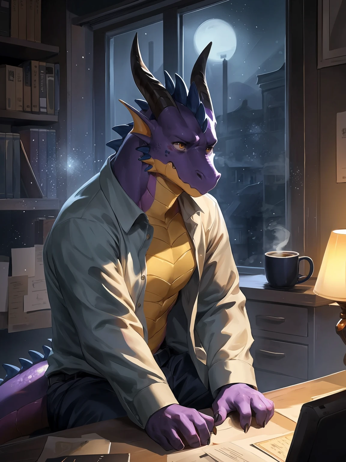 solo, male, businessman, (male anthro dragon:1.3), (purple body:1.1), yellow belly, (sitting:1.3), (kemono:1.4), (on desk:1.23), (open shirt), (sad:1.3), exhausted ,detailed eyes, dragon tail, horn, (bust portrait), (detailed eyes), (indoors:1.35), office, coffee cup, steam, plant, light, (night:1.4), (particles ,firefly, blue glowing:1.3), detailed background, 8k hd, (dark shadows, wide dynamic range, hdr, low light:1.2), by Pino Daeni, canyne khai, milkytiger1145, dagasi, yupa