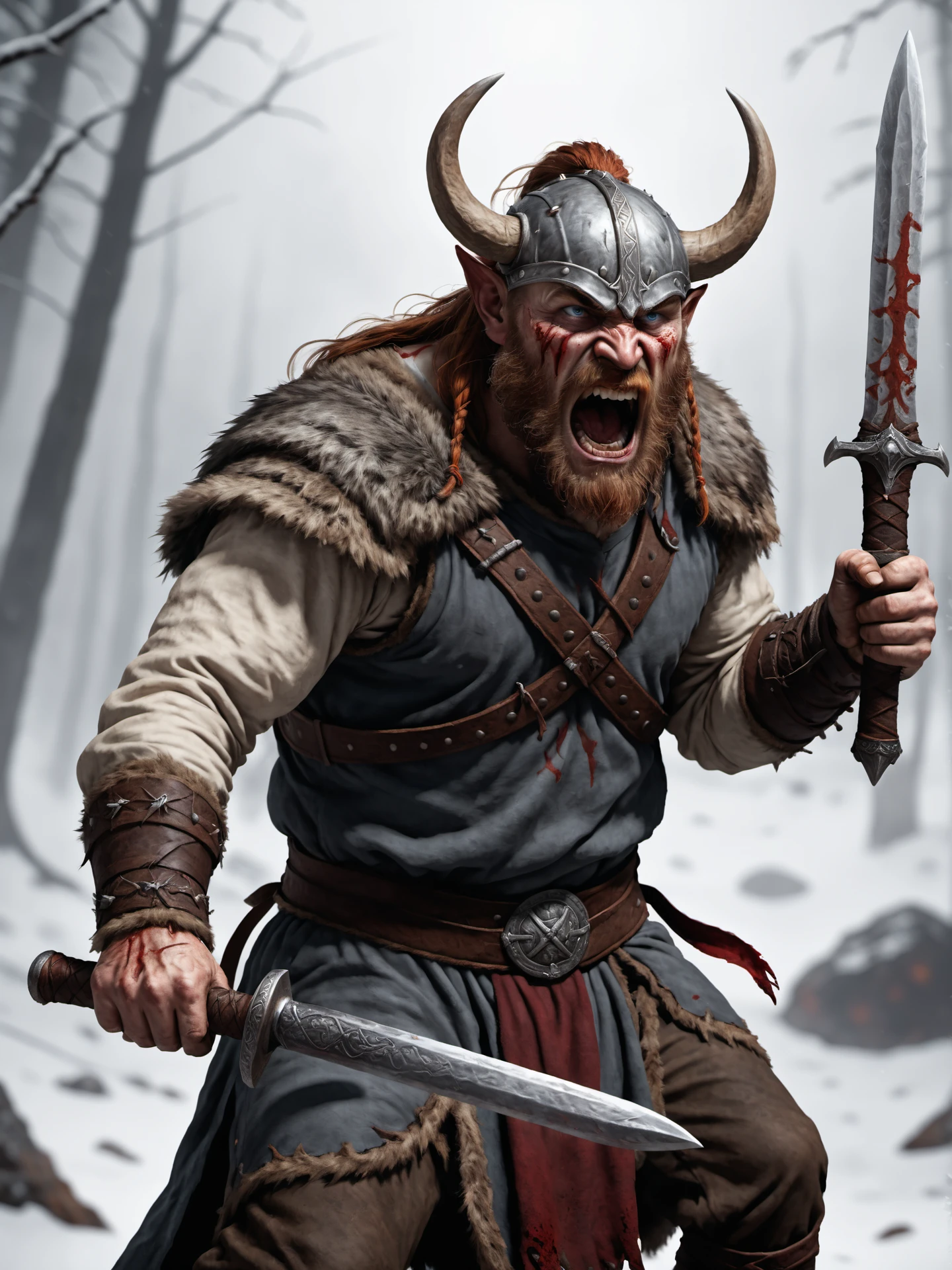 an viking beserker is storming the battlefield he holds his bloody sword ready to kill, anger in his face , open mouth , detailed, realistic, 8k uhd, high quality