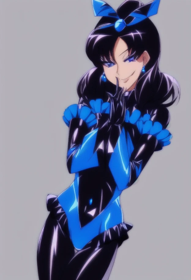 high quality, extremely detailed, perfect face, <lora:BadEndPrecure:.9>, Bad End Precure, ((black and blue frilly bodysuit)), black winged headband, seductive smirk, glossy latex
