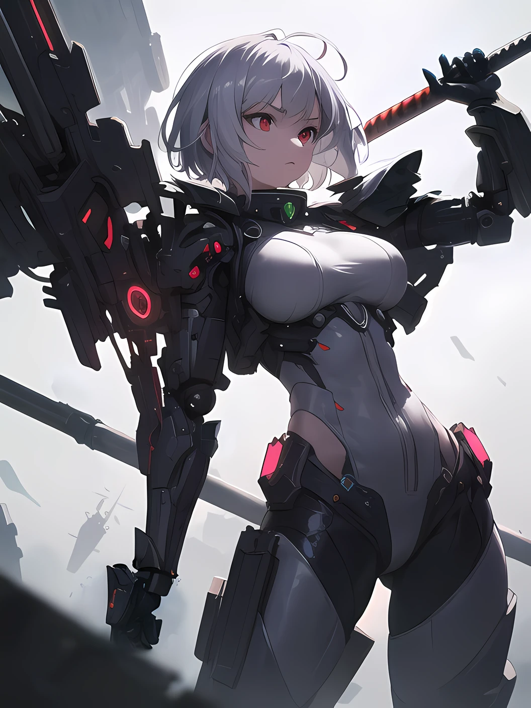 (masterpiece, best quality, ultra detailed)++,a girl, solo,overlooking, a massive futuristic floating satellite city, silver hair,short hair, red eyes,cowboy shot,control panel,featuring red,mechanical armored,rapier,futuristic atmosphere,wind