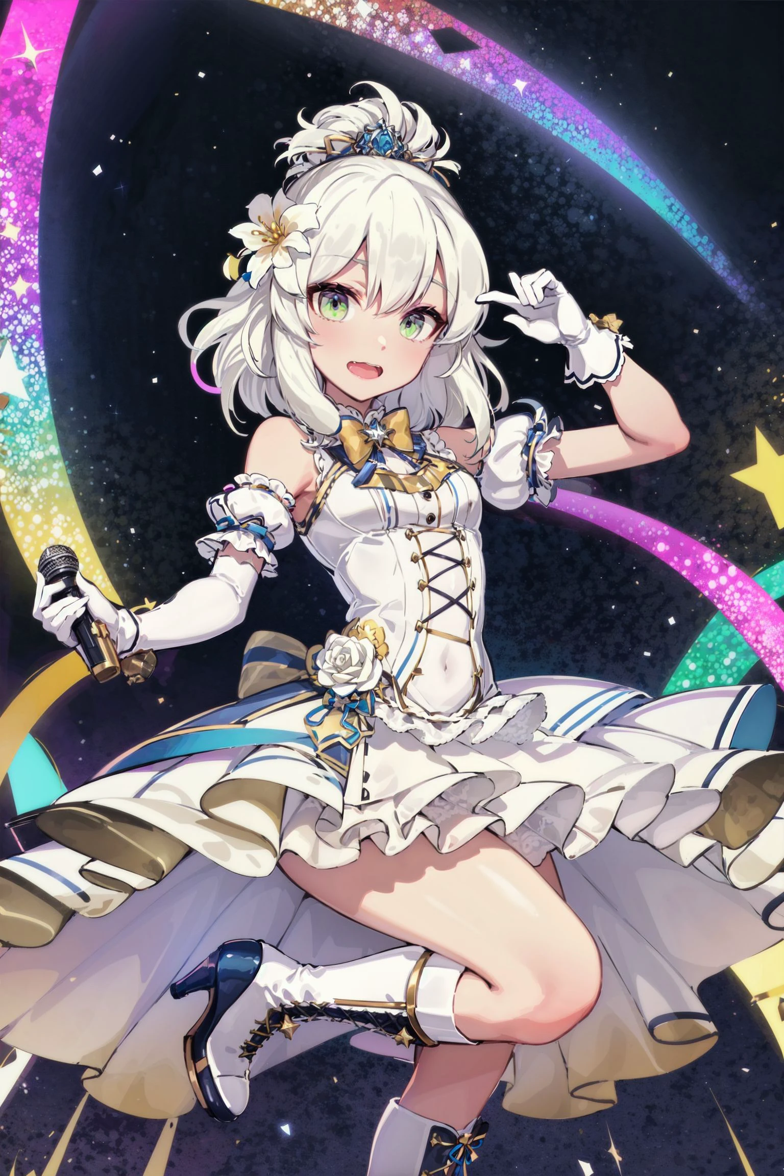 absurdres, high detail, uhd, stage, light, starry sky, night, speaker,
standing, holding microphone,
ange, white hair, idol costume, hair ornament, hair flower, white flower, white rose, bowtie, white dress, frilled dress, puffy short sleeves, white gloves, elbow gloves, layered skirt, knee boots, cross-laced footwear, high heel boots
<lora:gomaotsu-angelica-t1-000080:0.7>