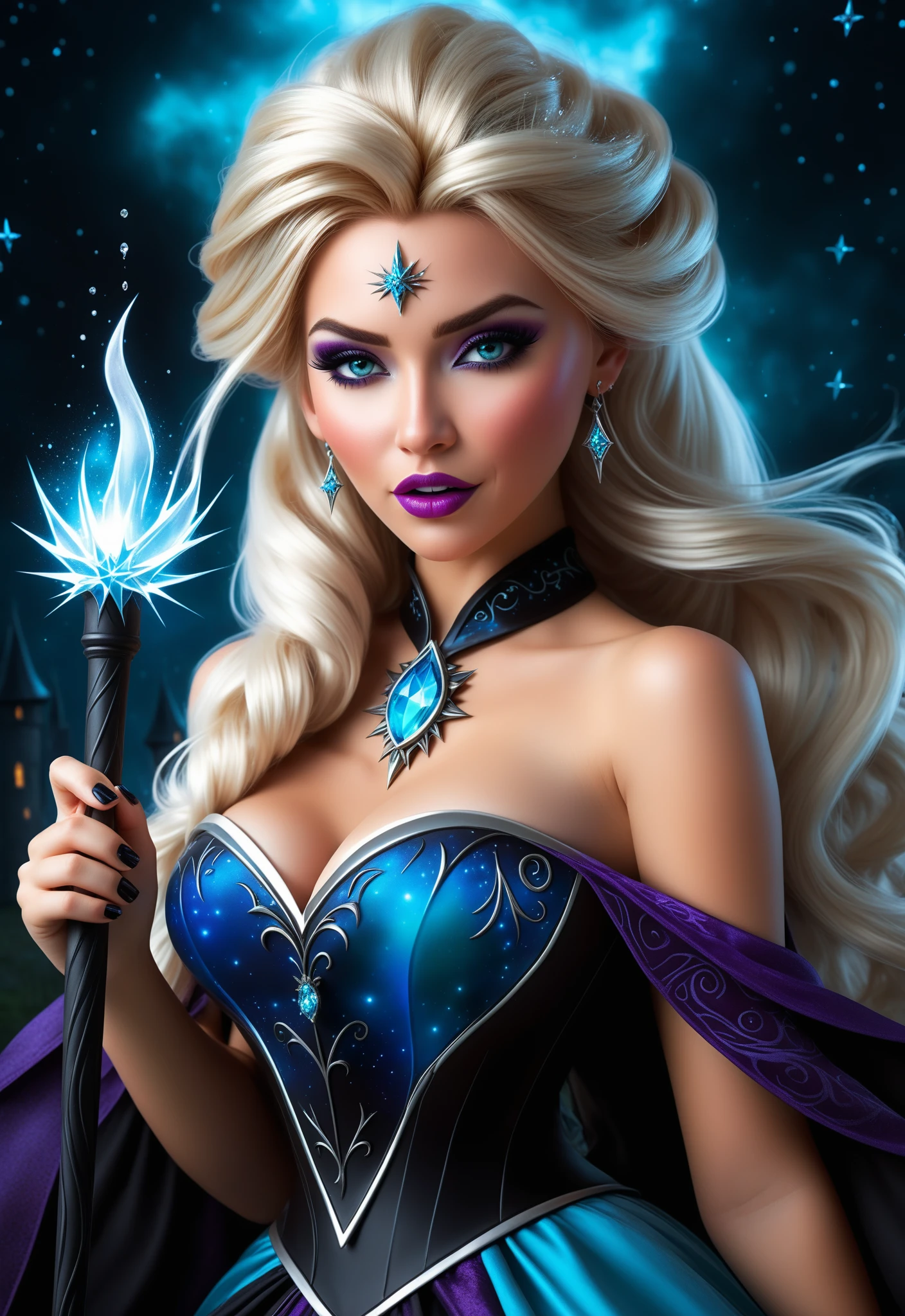 angry princess Elsa from Frozen as an evil villain, starry night, beautiful witch banshee sorceress by jess_ darkness, dress, dripping makeup, magic staff, macabre, magic, crazy - wild - hair, in the style of vibrant realism, caricature faces, realistic fantasy artwork, airbrush art, cute and dreamy, close up intensity, in the style of Anne Stokes, nene Thomas, Kurtis Rykovich, witchcore, princesscore