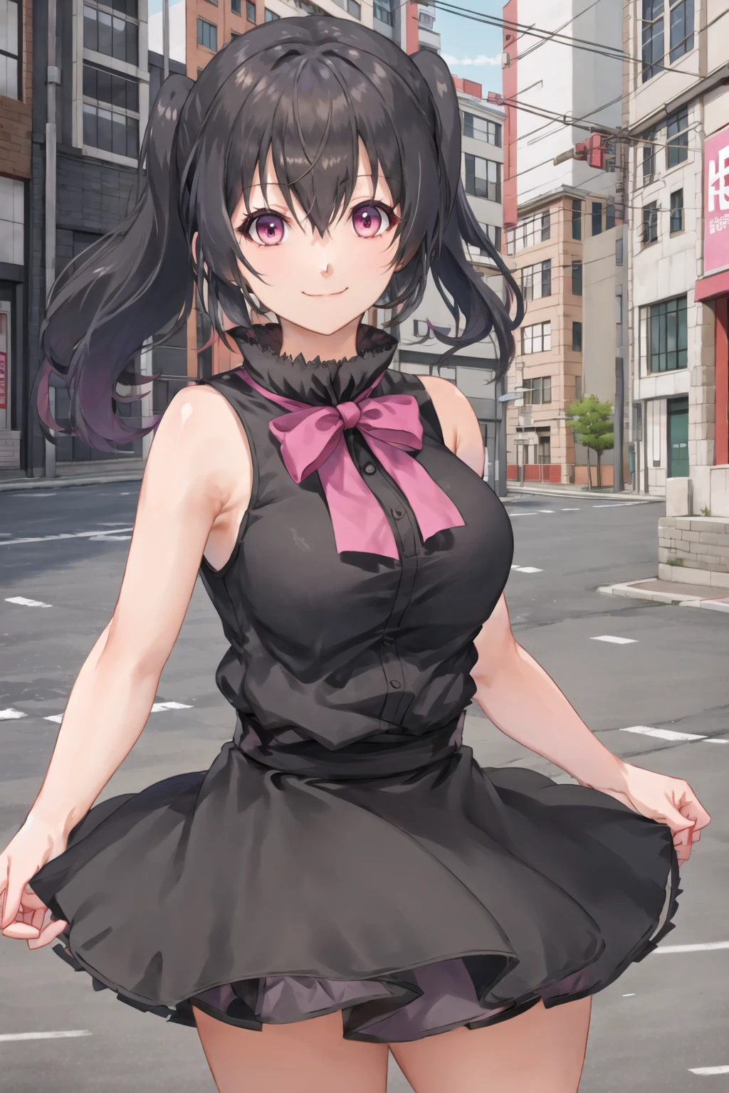 <lora:3ly-10:0.6>, <lora:koumeyukimi-10:0.6>, yukimi koume, medium breasts, pink eyes, black hair, twintails, smile, looking at viewer, cityscape, closed mouth, sleeveless shirt, black shirt, skirt