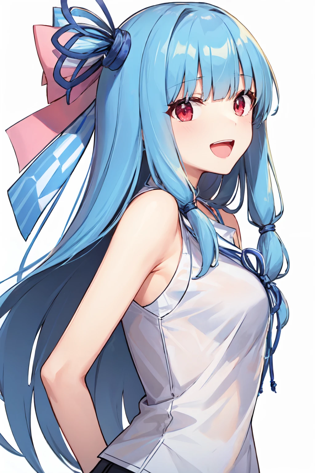 kotonoha aoi, 1girl,solo red eyes, white shirt, hair ribbon, blue hair, long hair, medium breasts, open mouth, :d,arms behind back<lora:kotonoha_aoi:1>