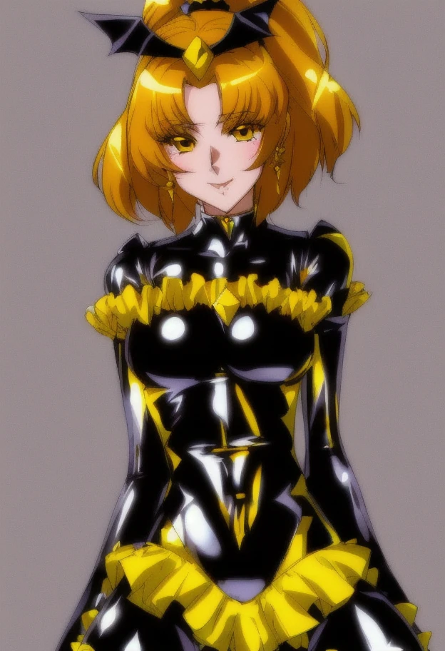 high quality, extremely detailed, perfect face,   <lora:BadEndPrecure:.9>, Bad End Precure, ((black and yellow frilly bodysuit)), black winged headband, glossy latex