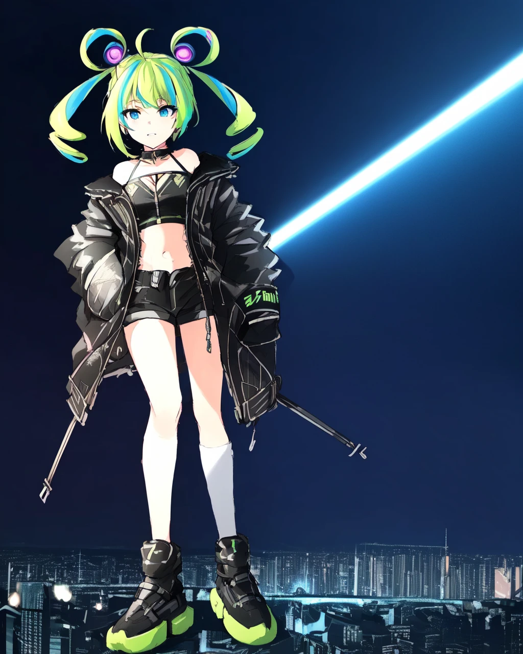 <lora:e7 MLChoux:0.9> e7 MLChoux, green hair, dynamic angle, full body, opened jacket, in cyberpunk city,
(masterpiece), best quality, highres, 4k, 8k, Detailed Illustration, intricate detail, cinematic lighting, amazing quality, 1girl, fit female, amazing shading, soft lighting, facing camera, perfect eyes