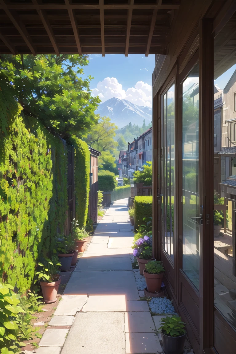 (ultra high res,photorealistic,best quality,photo-realistic),(8k,raw photo,best quality,masterplece),(photon mapping,radiosity,physically-based rendering,automatic white balance),real person,photograph,<lora:Ghibli_SSS:1>,bridge, building, bush, city, cloud, day, door, fence, field,orest, garden, grass, house, hydrangea, mountain, nature, no_humans, outdoors, path, plant, potted_plant, purple_flower, road, scenery, sky, skyscraper, traditional_media, tree,