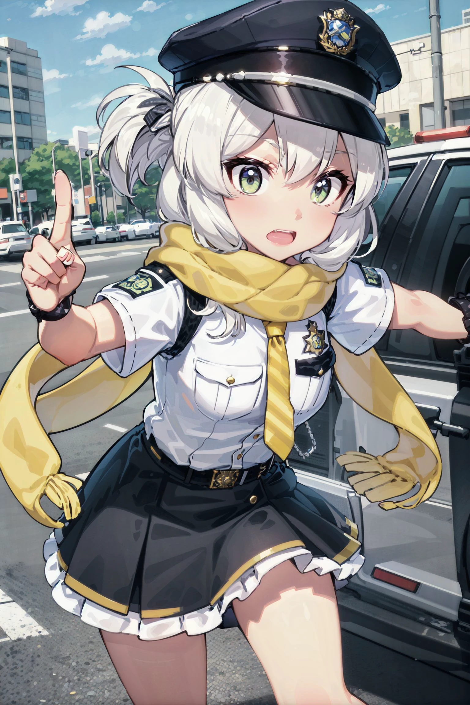 (best quality:1.2), (masterpiece:1.2), (Vibrant poses:1.4), gray hair, long ponytail with yellow ribbon, yellow eyes, white shirt, crooked smile