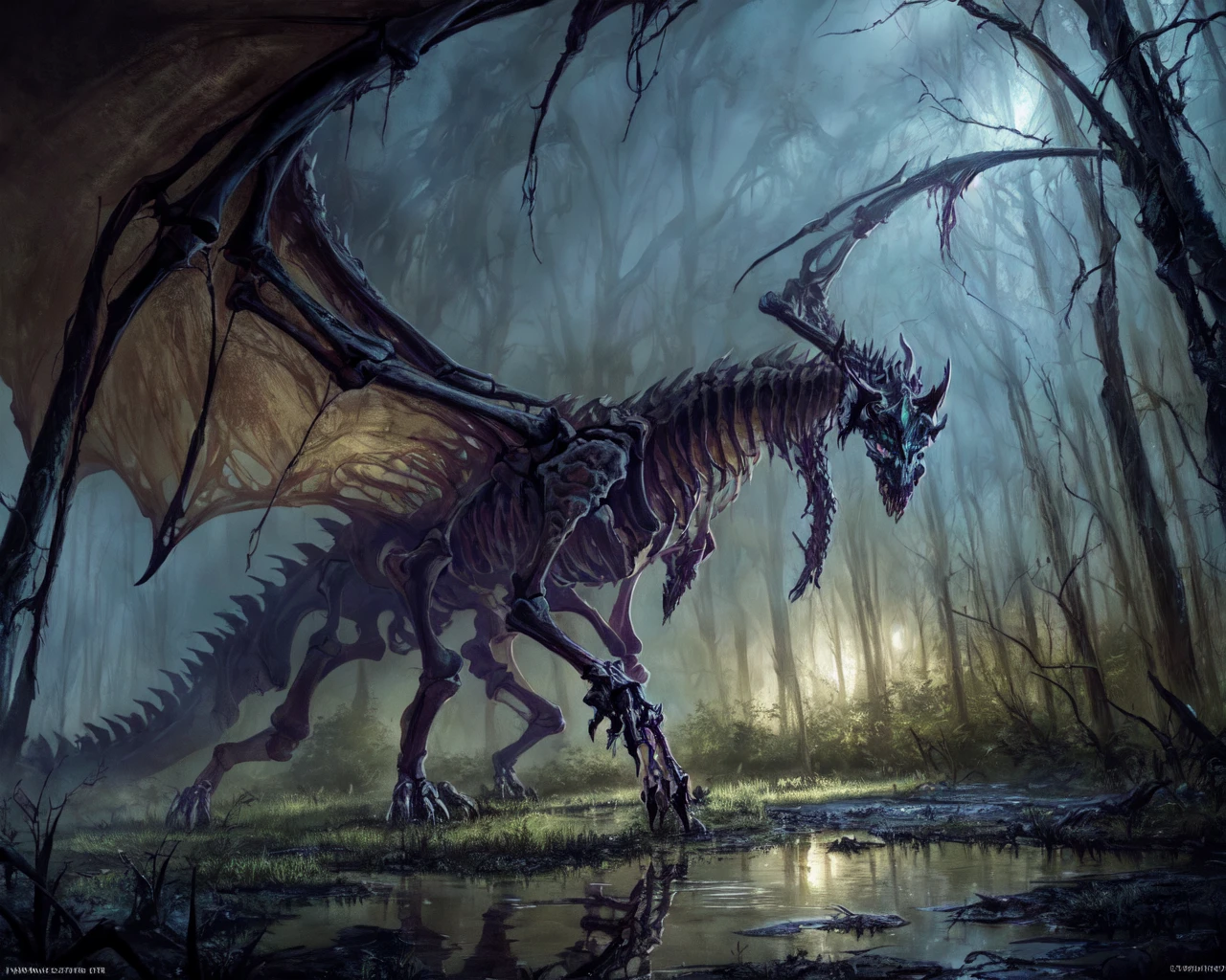 bone dragon in a swamp,
(masterpiece), best quality, highres, 4k, 8k, Detailed Illustration, intricate detail, cinematic lighting, amazing quality, amazing shading, soft lighting <lora:Classic Dragons:0.8>