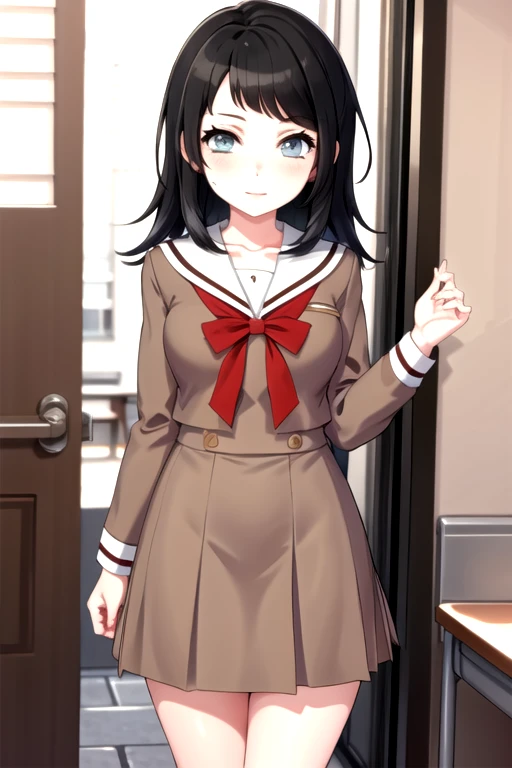 (nsfw, High definition, high quality),(1 Female, Brown hair, medium length hairstyle, Gradient brown eyes, black eyeliner, thin lips, Laugh shyly ),( High school girl uniform, pleated mini skirt),( Sit down and spread legs)