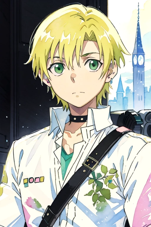 masterpiece, best quality, game cg, 1boy, solo, male focus, looking at viewer, upper body, depth of field, (watercolor illustration, soft pastel colors:1.1), realistic, <lora:hiro_soul_eater:0.68>, hiro_soul_eater, blonde hair, green eyes, decade costume, underworld,