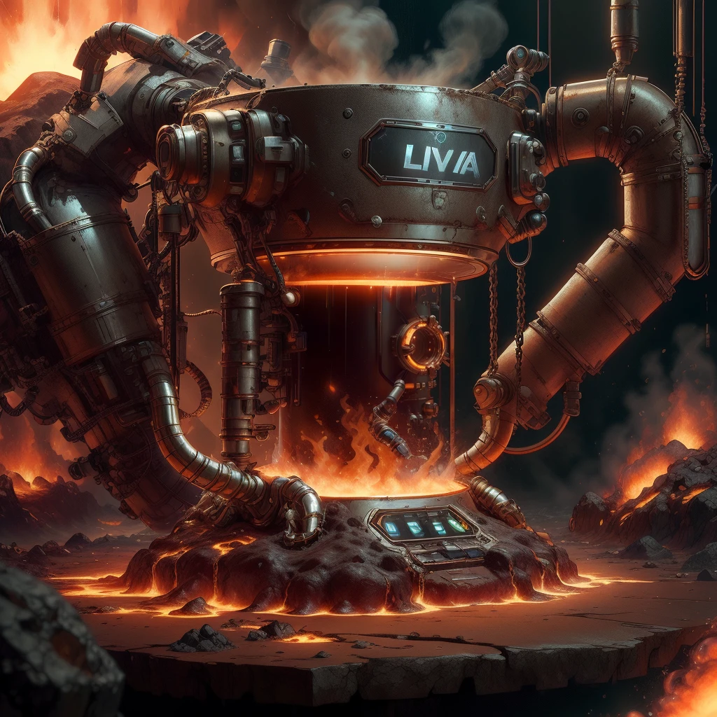 <lora:ExoMagmaTech-20:0.8>, exomagmatech , scifi, lava cover , translucent ,
a coffee machine and a coffee mug on a table ,