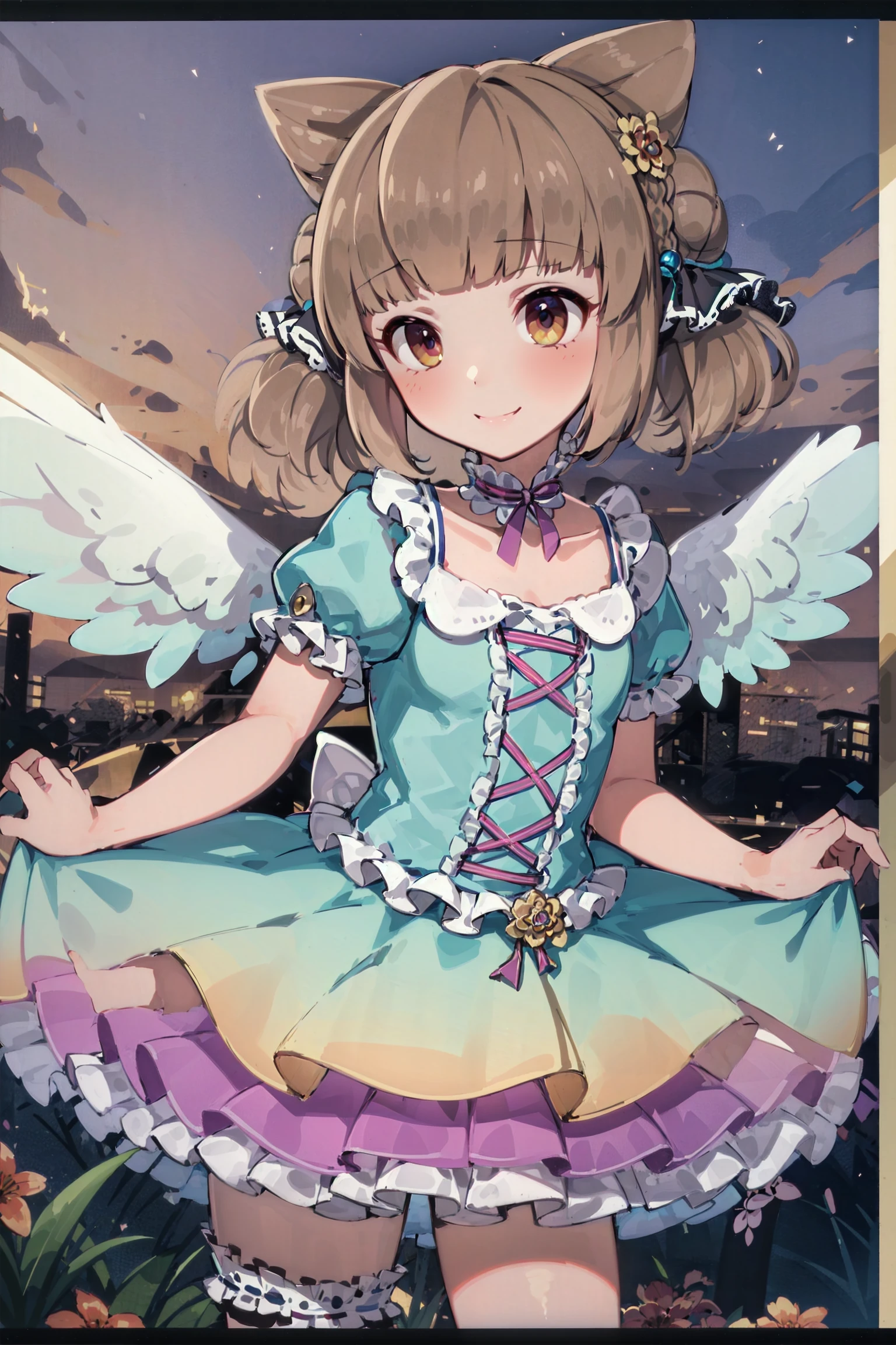 absurdres, high detail, uhd, sky, cloud, sunset,
floating, angel smile, 
solo, cicho, short twintails, cone hair bun, hair flower, collarbone, pale blue dress, puffy short sleeves, ribbon, layered skirt, thighlet, mini wings
<lora:gomaotsu-cicho-t1-000080:0.7>
