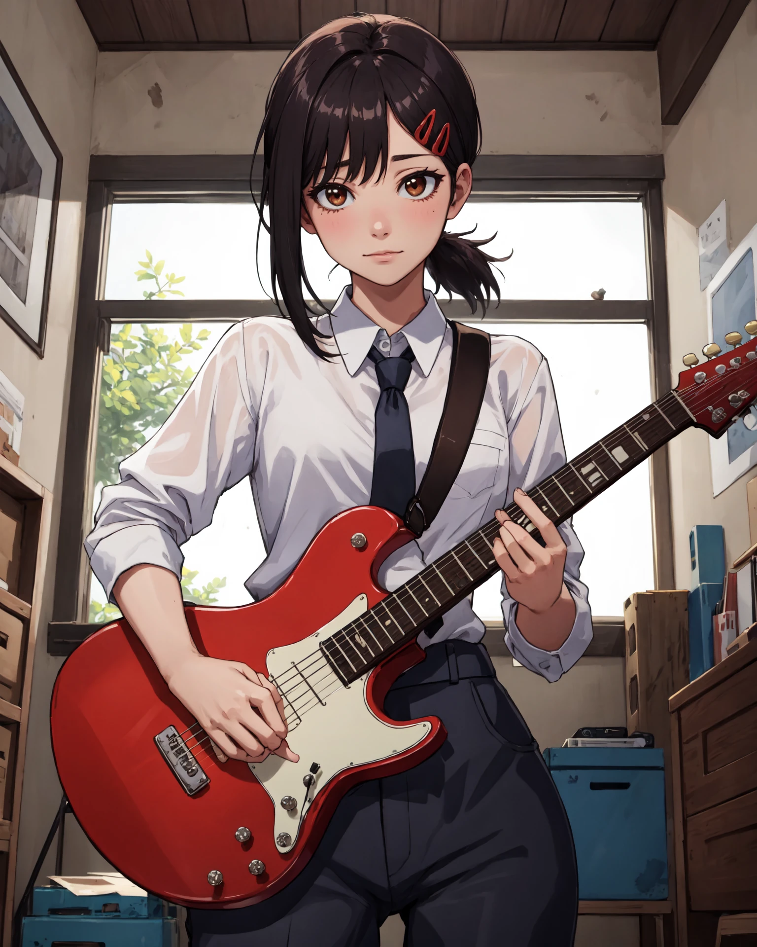 (masterpiece:1.2, best quality:1.2, beautiful, high quality, highres:1.1), (attentive:1.2), detailed, extremely detailed, 4K, 1girl, solo, electric guitar, guitar, holding, holding plectrum, instrument, music, one side up, playing guiter, indoors ((caustic)), dynamic angle, beautiful glow, cowboy shot, kobeni higashiyama, black hair, hair ornament, hairclip, brown eyes, ponytail, short hair, black necktie, white shirt, <lora:kobenihigashiyamatest:1>, looking at viewer, surprise