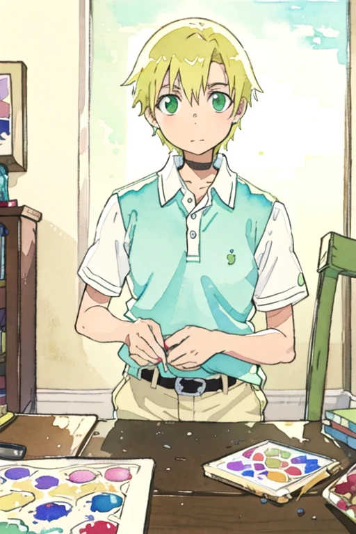 masterpiece, best quality, illustration, 1boy, solo, male focus, looking at viewer, , depth of field, (watercolor illustration, soft pastel colors:1.1), , <lora:hiro_soul_eater:0.74>, hiro_soul_eater, blonde hair, green eyes, polo shirt, , ,