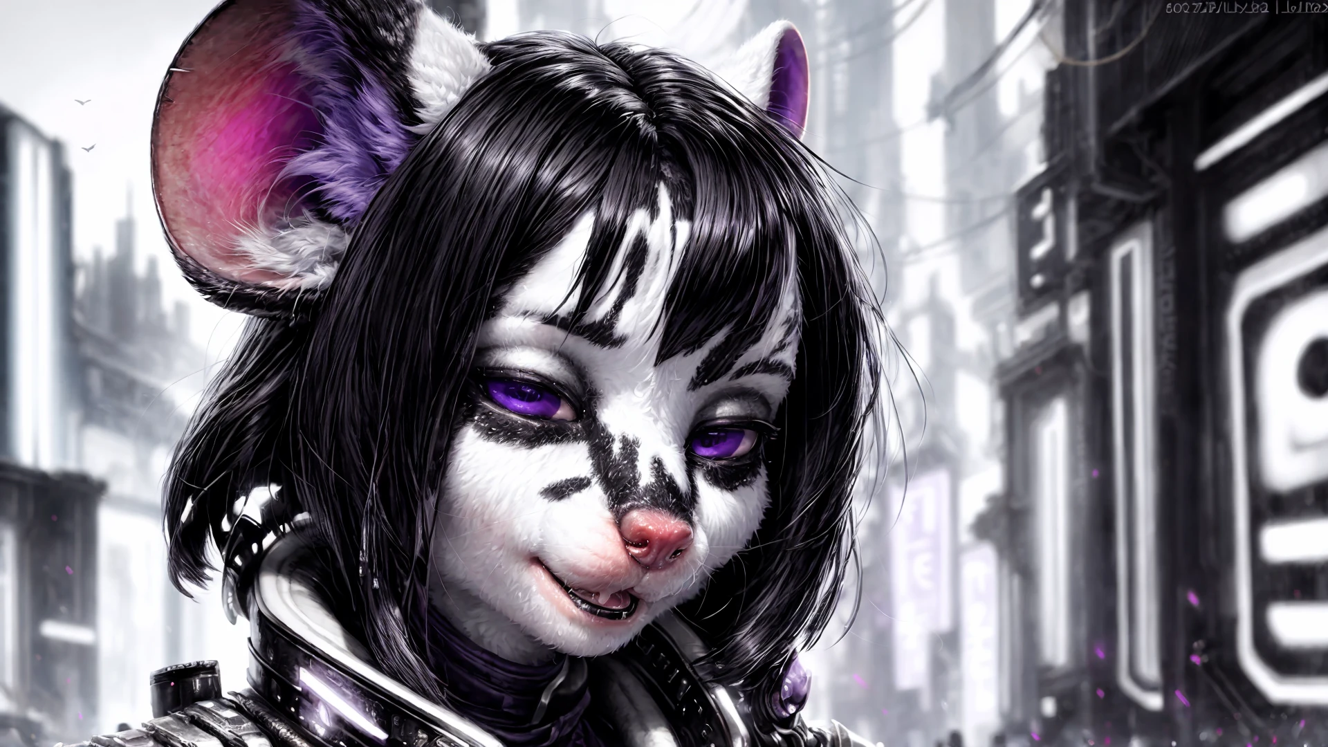 <lora:add_detail:0.8>, <lora:astronomy_wallpapers01:1>, detailed background cyberpunk, masterpiece, detailed, colors(black and white:1.2)and violet, scene, portrait, face closeup, mouse, realistic fur, detailed eyes, <lora:gachaSplashLORA_v40:1>, [[by kenket|by totesfleisch8], by thebigslick:by silverfox5213:0.8], [by syuro, by paloma-paloma:0.2]