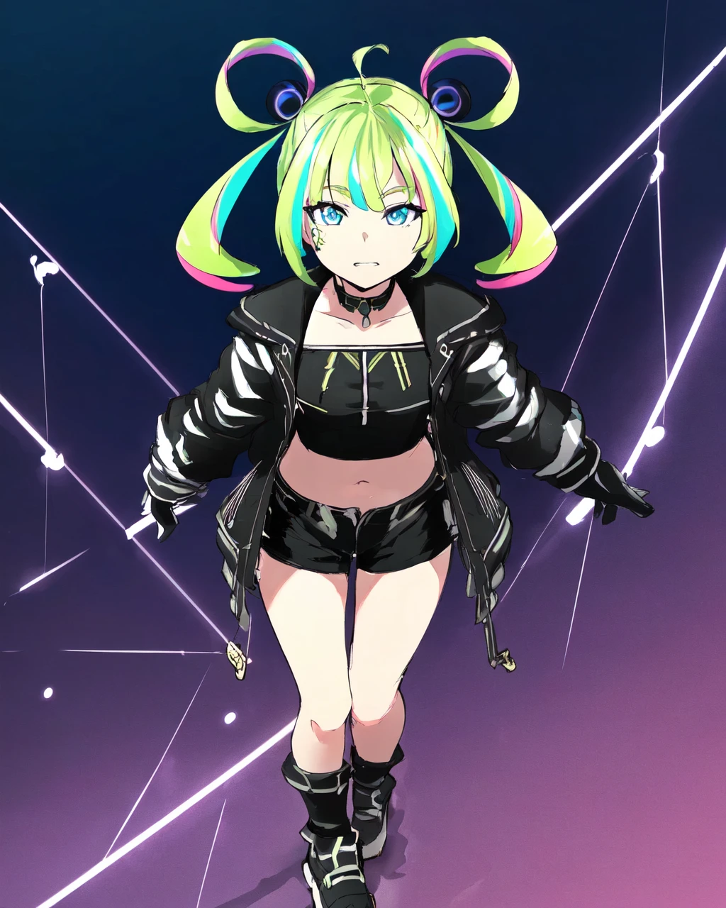 <lora:e7 MLChoux:0.9> e7 MLChoux, green hair, dynamic angle, full body, opened jacket,
(masterpiece), best quality, highres, 4k, 8k, Detailed Illustration, intricate detail, cinematic lighting, amazing quality, 1girl, fit female, amazing shading, soft lighting, facing camera, perfect eyes
