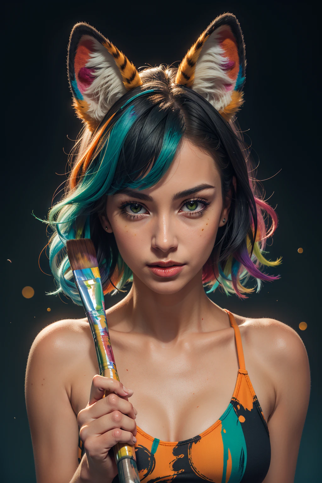 ((Holding a paint brush)),(masterpiece:1.1), (highest quality:1.1), (HDR:1.0), extreme quality, cg, (negative space), detailed face+eyes, 1girl, fox ears, animal ear fluff, (plants:1.18), (fractal art), (bright colors), splashes of color background, colors mashing, paint splatter, complimentary colors, neon, (thunder tiger), compassionate, electric, limited palette, synthwave, fine art, tan skin, upper body, (green and orange:1.2), time stop, sy3, SMM