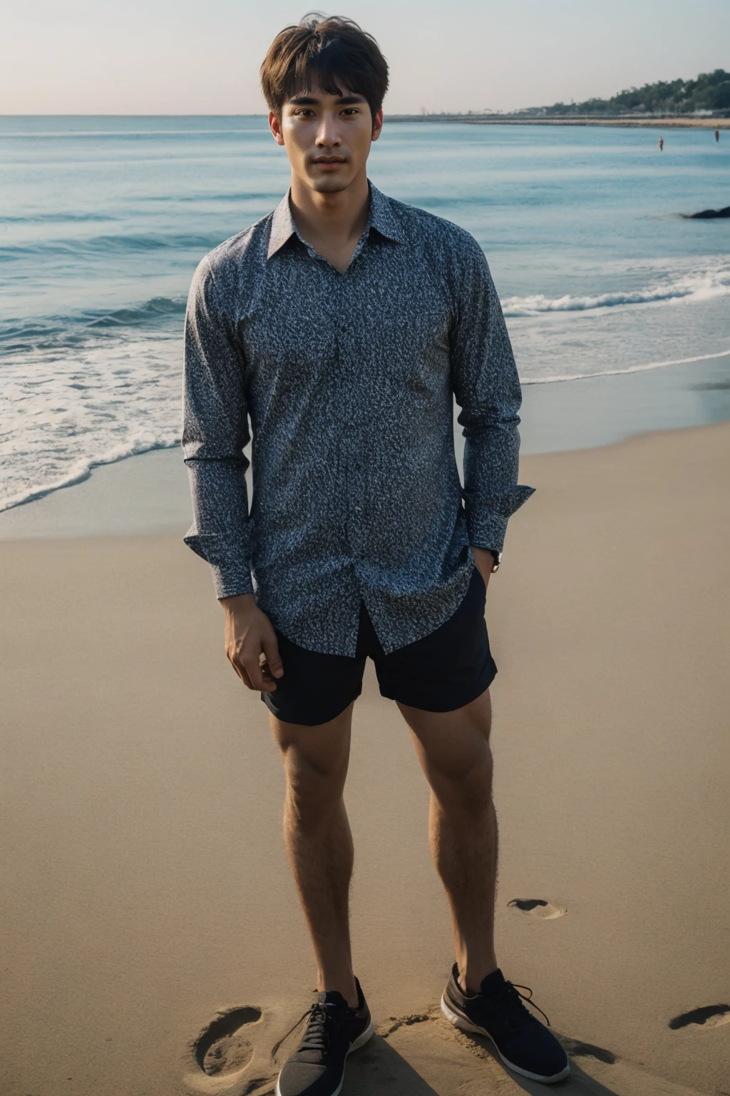 (high quality, highly detailed:1.4, sharp focus, skin details),
(masterpiece:1.2), (best quality:1.2), (extremely detailed:1.2), (photorealistic:1.1), (ultra detailed),
BREAK,
(man:1.2), a man standing in front of beach, adult man, (full body), looking at viewer, solo:1, (face upward:0.7)