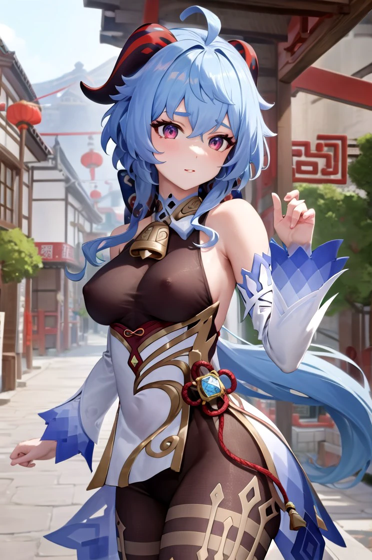 (masterpiece,ultra detailed:1.2),(a girls:1.1),ganyu \(genshin impact\), <lora:Ganyu_Hard:0.9>, cowboy shot, (covered nipples:0.65),Beautiful Chinese Town,