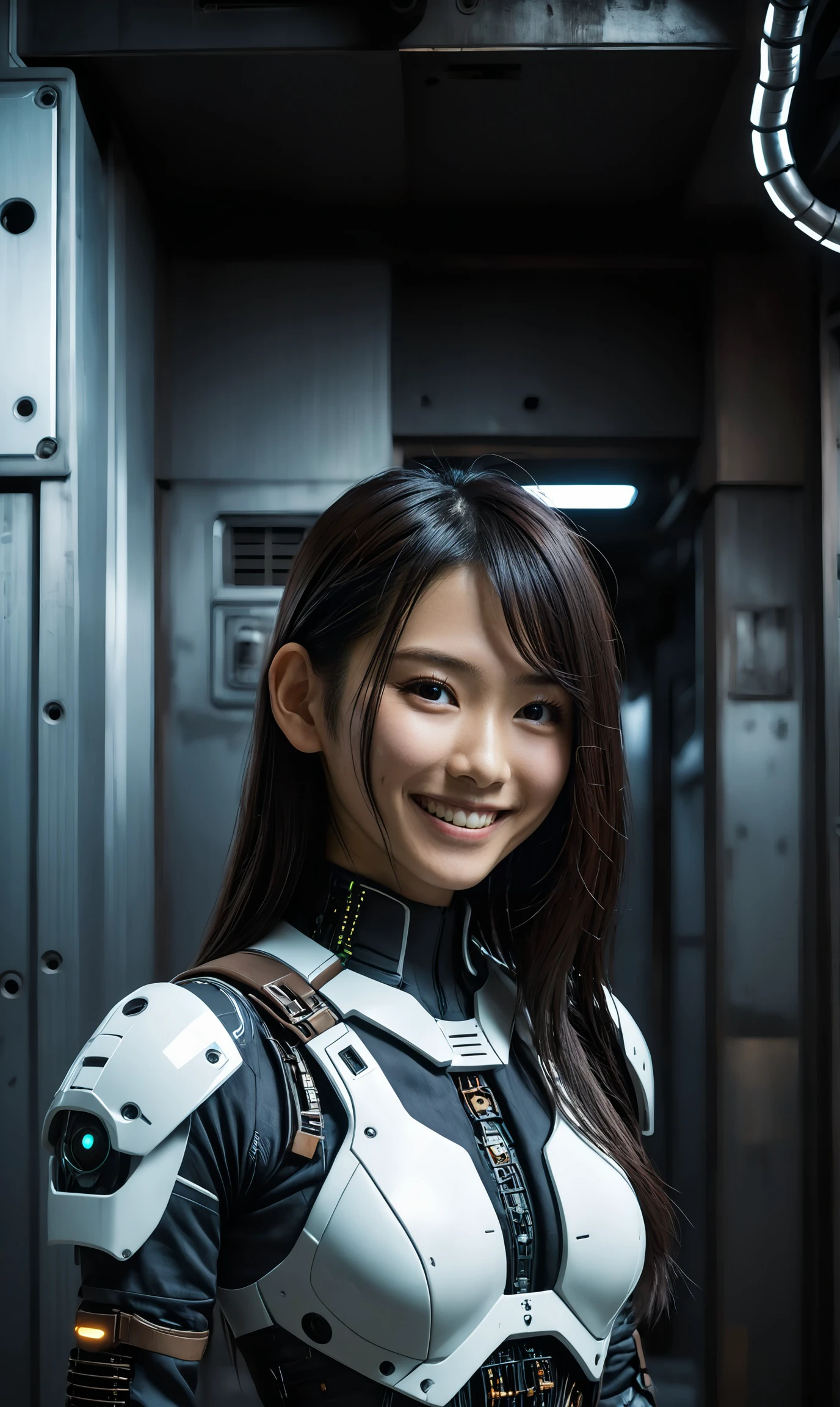 a professional photograph,(cinema cyberpunk building and street:1.3) with a beautiful [japanese girl:japanese woman] in a delicate cyberpunk suit,dark brown long hair,happy smile,