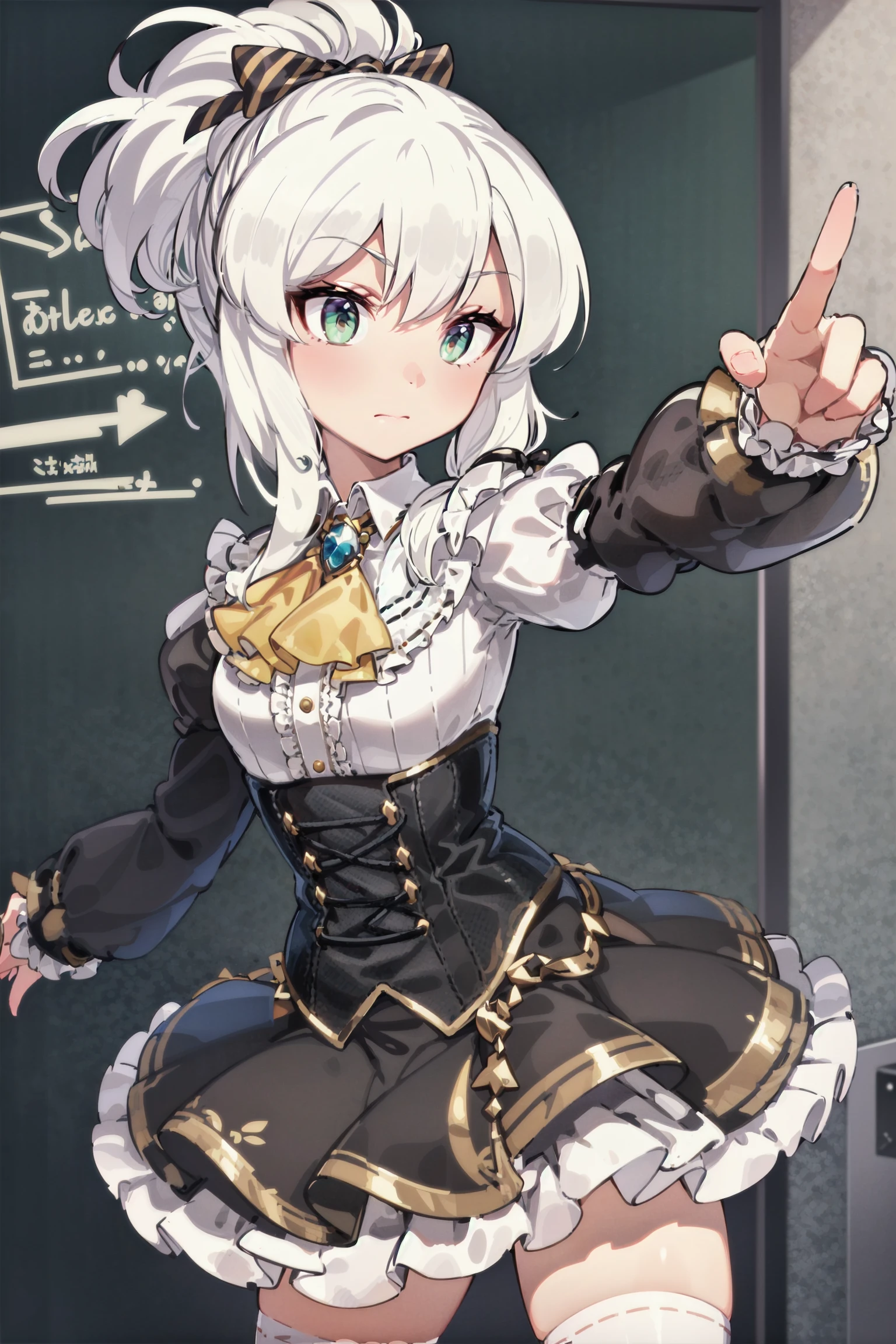 absurdres, high detail, uhd, europe, town, street, steampunk,
standing, expressionless, closed mouth,
ange, white hair, high ponytail, hair bow, sidelocks, bow, white shirt, ribbed shirt, center frills, ascot, frills, puffy short sleeves, long sleeves, brown skirt, high-waist skirt, layered skirt, brown thighhighs, striped thighhighs,
<lora:gomaotsu-angelica-t1-000080:0.7>