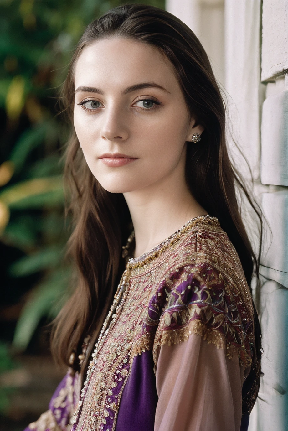 A full color portrait of a beautiful woman, richly embroidered cream dress, art gala, epic character composition,by ilya kuvshinov, alessio albi, nina masic,sharp focus, subsurface scattering, f2, 35mm, film grain , cute smile <lora:MiaMan:1>