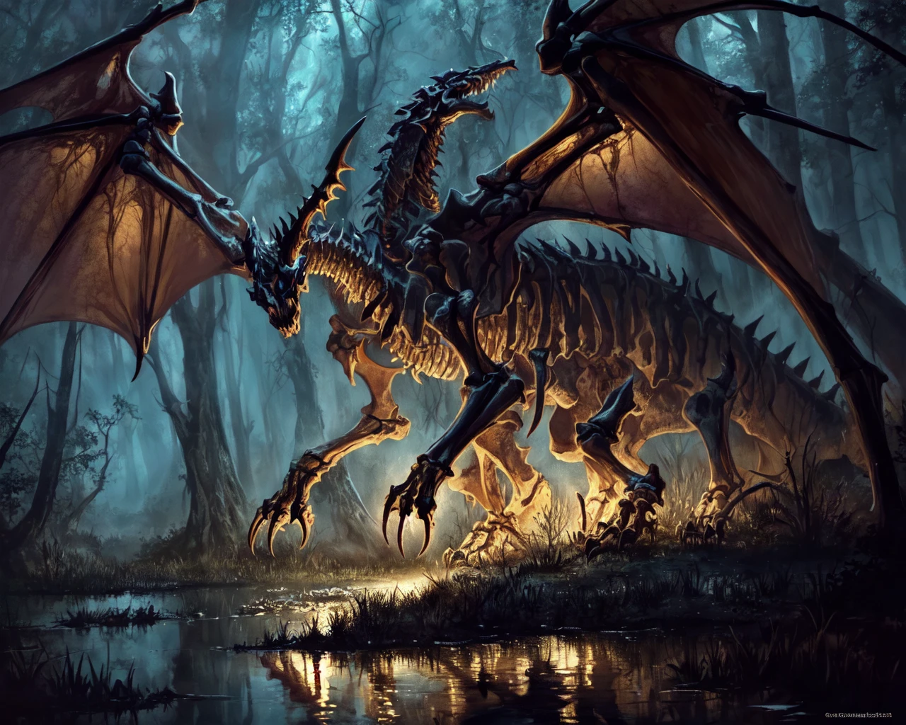 bone dragon in a dark swamp at night,
(masterpiece), best quality, highres, 4k, 8k, Detailed Illustration, intricate detail, cinematic lighting, amazing quality, amazing shading, soft lighting <lora:Classic Dragons:0.7>