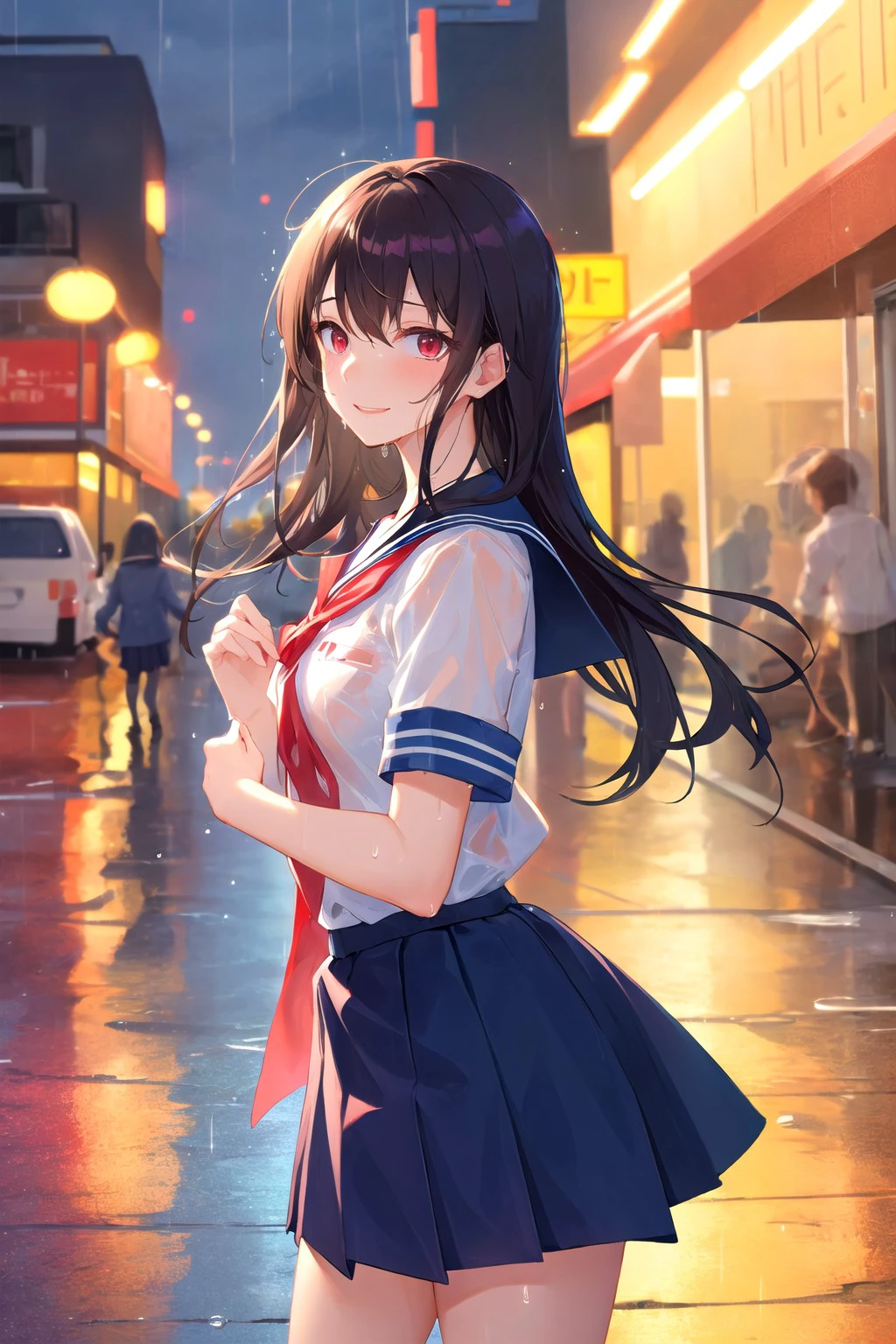 (,highres,masterpiece:1.2),light smile,
(embarrassment:1.1), teenager, on the street, (school uniform:1.3),(Rain, soaking wet:1.2),, wet through,
cowboy shot,