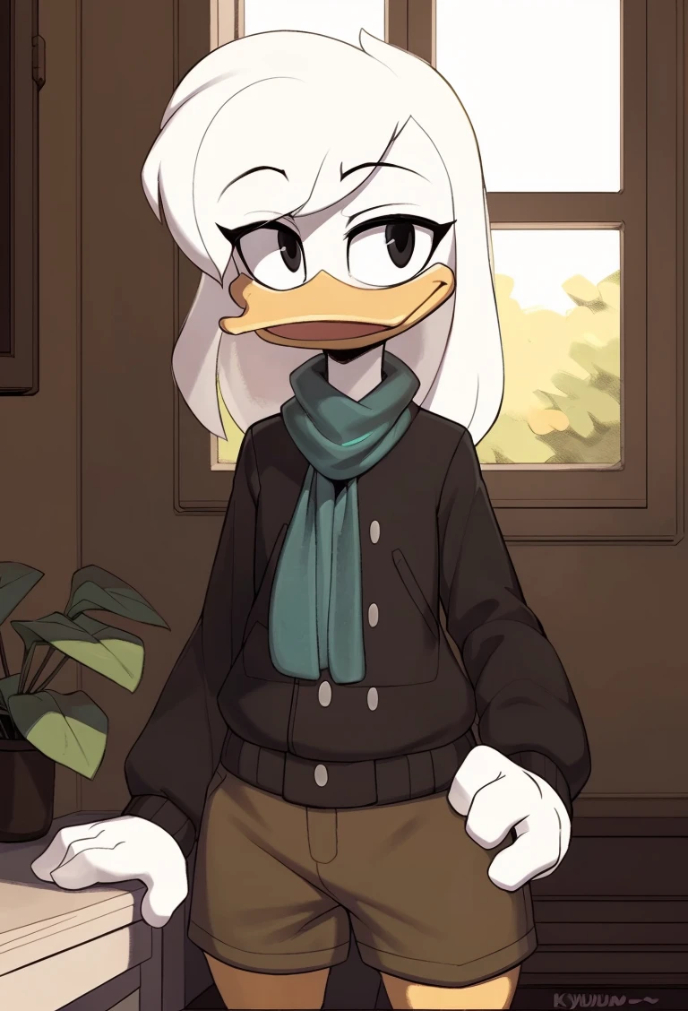 <lora:Della Duck v5:0.7> (by ducktales) (by kyurisawa:1.2) (by chelodoy:1) (by ashraely:1) (anthro duck) (white hands:1.1) (della duck1.2) (white hair) (front view:1.2) (black eyes) (clothed, clothing:1.3) (teal scarf) (brown_flight_jacket) (tan shorts) (collar) (white skin:1.2) (solo:1.1) (inside, window) ( morning:1.3) (portrait)