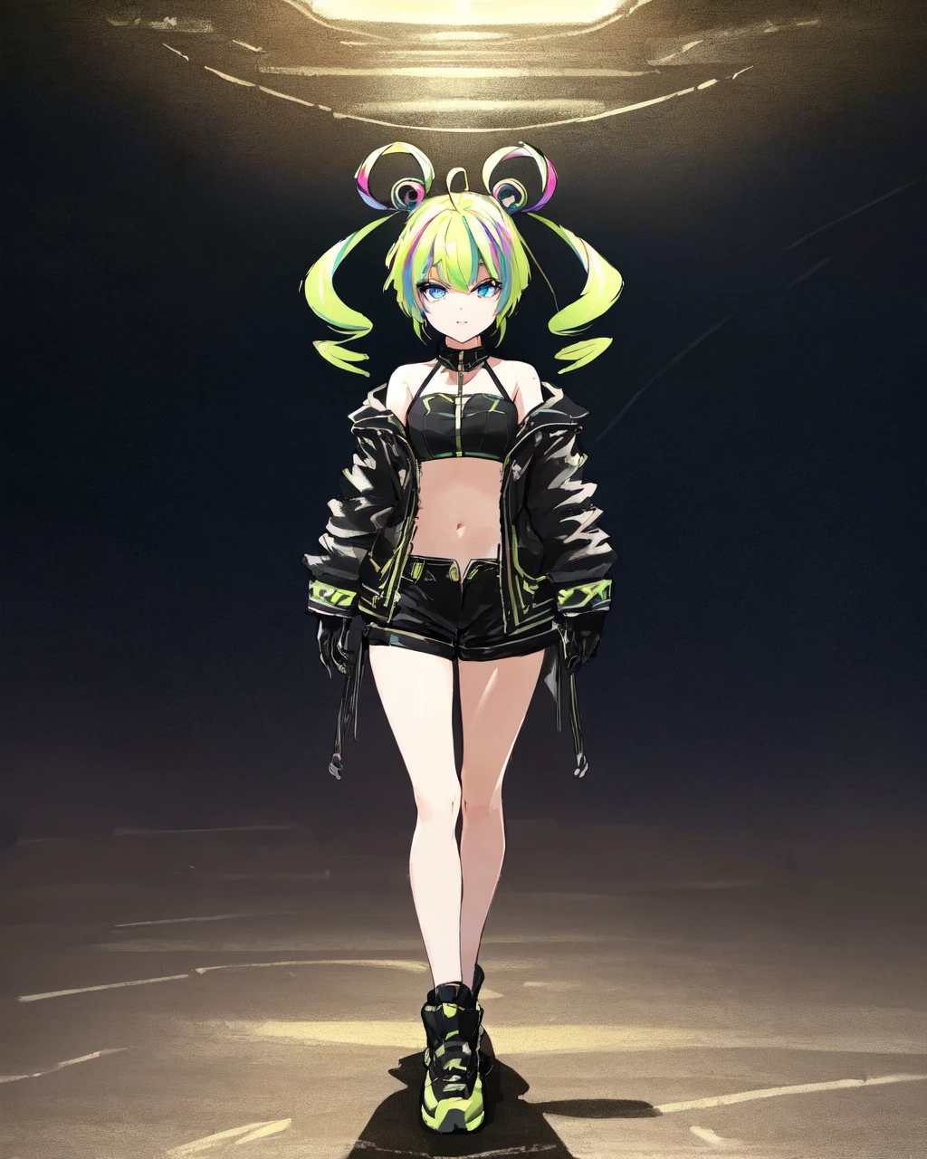 <lora:e7 MLChoux:0.8> e7 MLChoux, green hair, full body,
(masterpiece),  best quality, highres, 4k, 8k, Detailed Illustration, intricate detail, cinematic lighting, amazing quality, 1girl, fit female, amazing shading, soft lighting, facing camera, perfect eyes