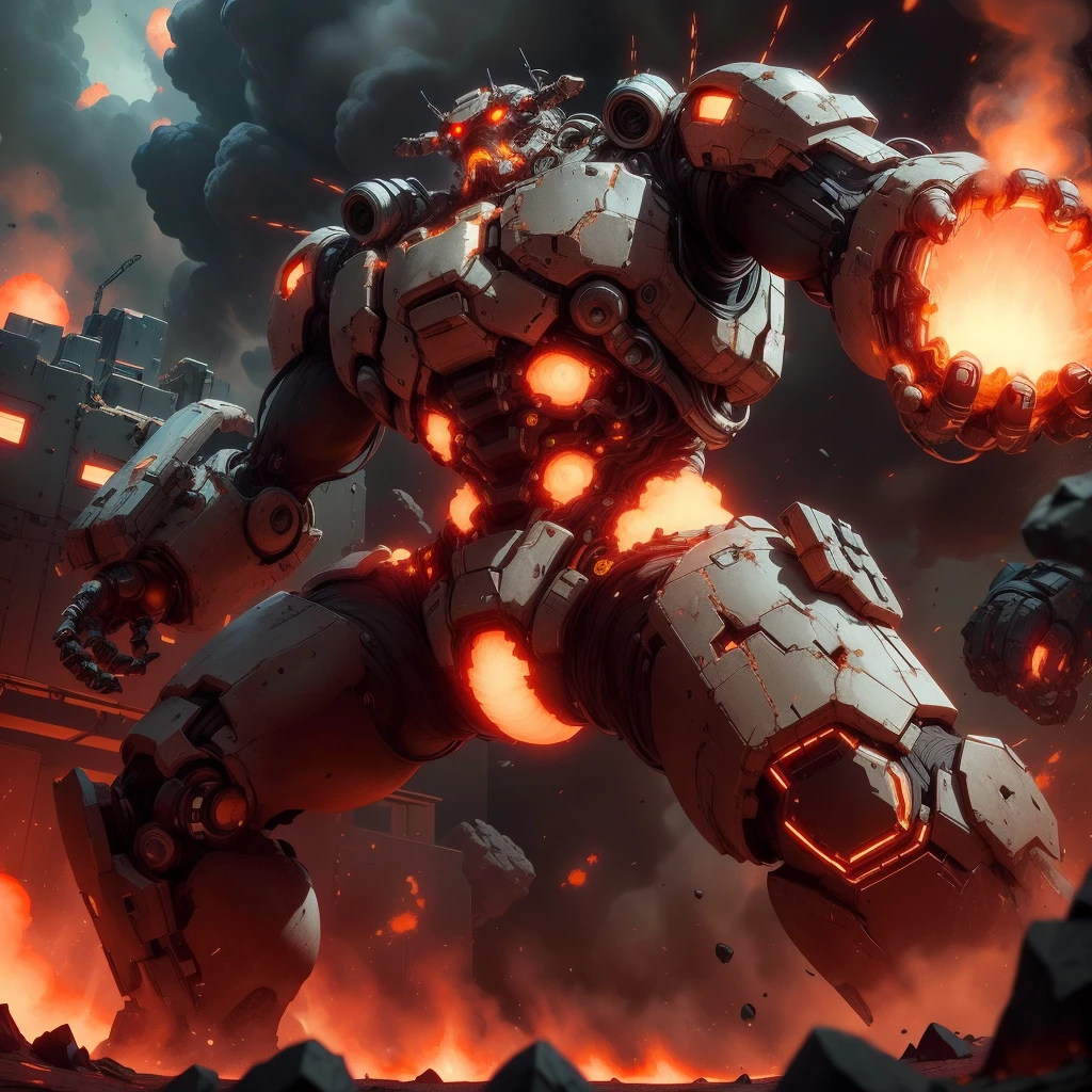 <lora:ExoMagmaTech-20:0.8>, exomagmatech , scifi, lava skin , translucent ,
colossal battle mech, , destruction, from below,