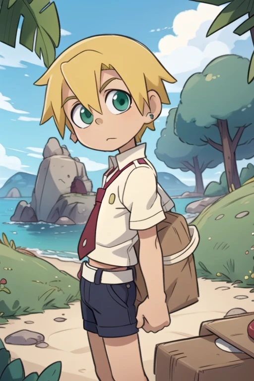 masterpiece, best quality, sketch, 1boy, solo, male focus, looking at viewer, , depth of field, , , <lora:hiro_soul_eater:0.74>, hiro_soul_eater, blonde hair, green eyes, convict costume, neverland: A lost island where children can stay forever young, HD-DVD