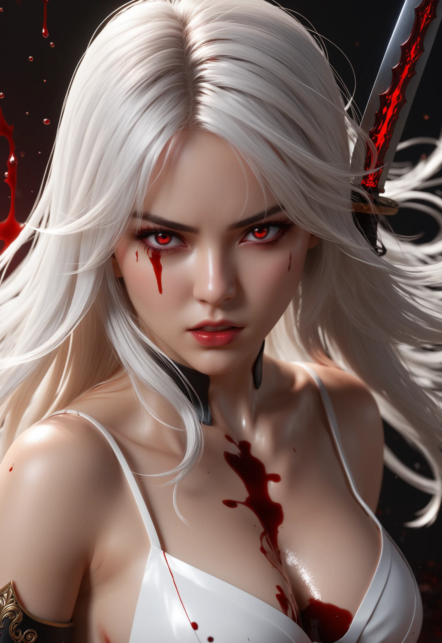 masterpiece, best quality,Amazing,1girl,finely detail,Depth of field,extremely detailed CG unity 8k wallpaper, masterpiece, full body,(white hair), red eyes, (full body), (with sword in hand), angry face,(beautiful detailed eyes), Blood drop,Blood fog, floating hair,light shafts, soft focus, character focus,disheveled hair,long bangs, hairs between eyes, looking at viewer,lowing hair, floating, Splashing blood,Long hair,(Bloodstain)