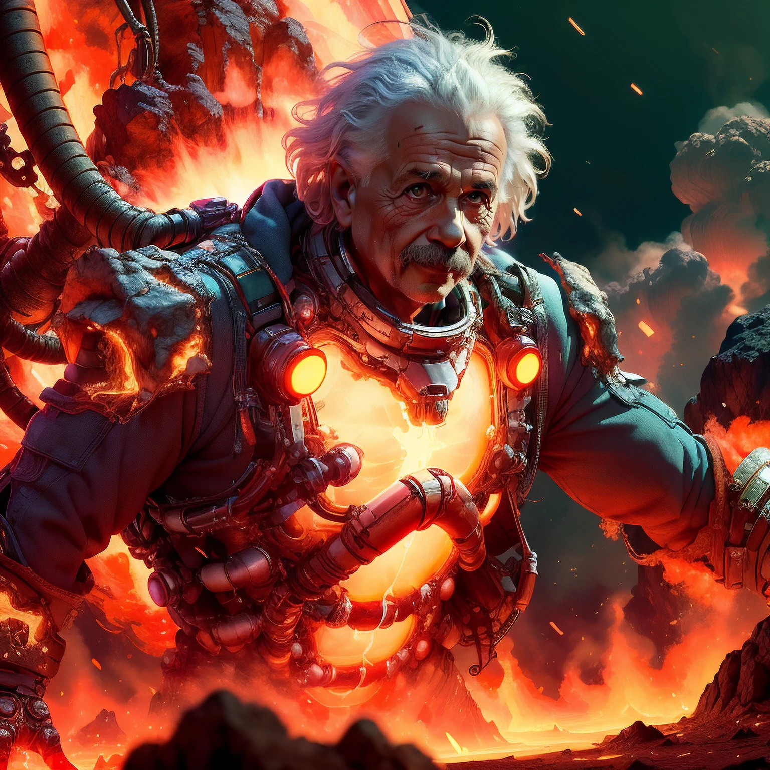 <lora:ExoMagmaTech-20:0.8>, exomagmatech , scifi, lava skin , translucent ,
man , Albert Einstein, <lora:Albert Einstein:0.8> , scientist coat,